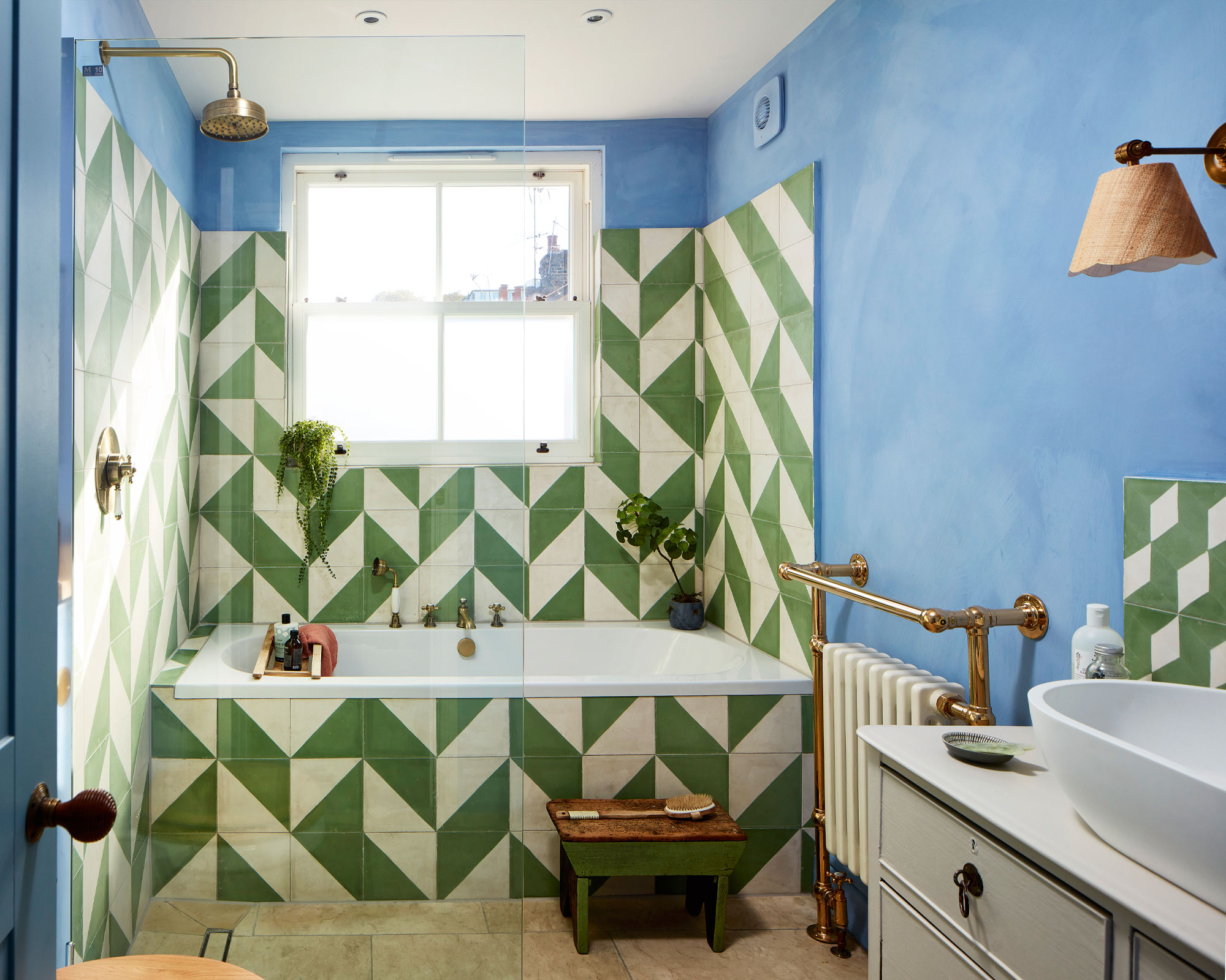 Blue lime-wash finish in a wine-country bathroom